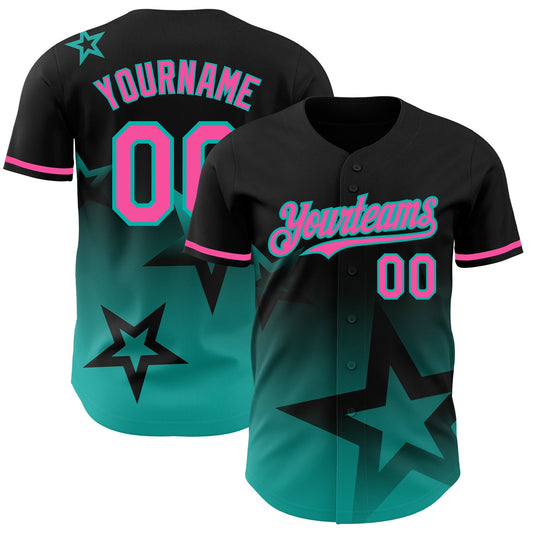 Custom Black Pink-Aqua 3D Pattern Design Gradient Style Twinkle Star Authentic Baseball Jersey - Main View