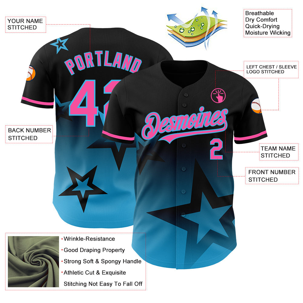 Custom Black Pink-Sky Blue 3D Pattern Design Gradient Style Twinkle Star Authentic Baseball Jersey view 4