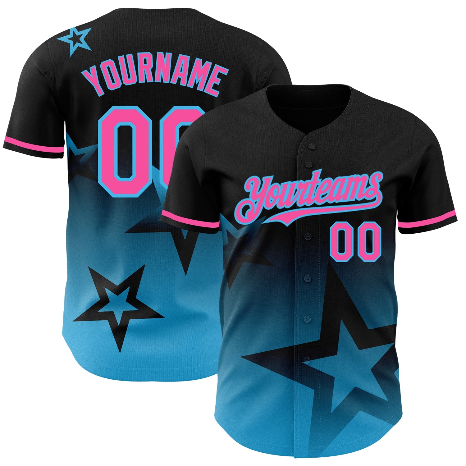 Custom Black Pink-Sky Blue 3D Pattern Design Gradient Style Twinkle Star Authentic Baseball Jersey - Main View