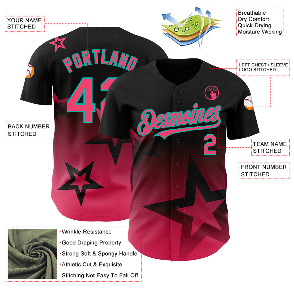Custom Black Neon Pink-Aqua 3D Pattern Design Gradient Style Twinkle Star Authentic Baseball Jersey view 4