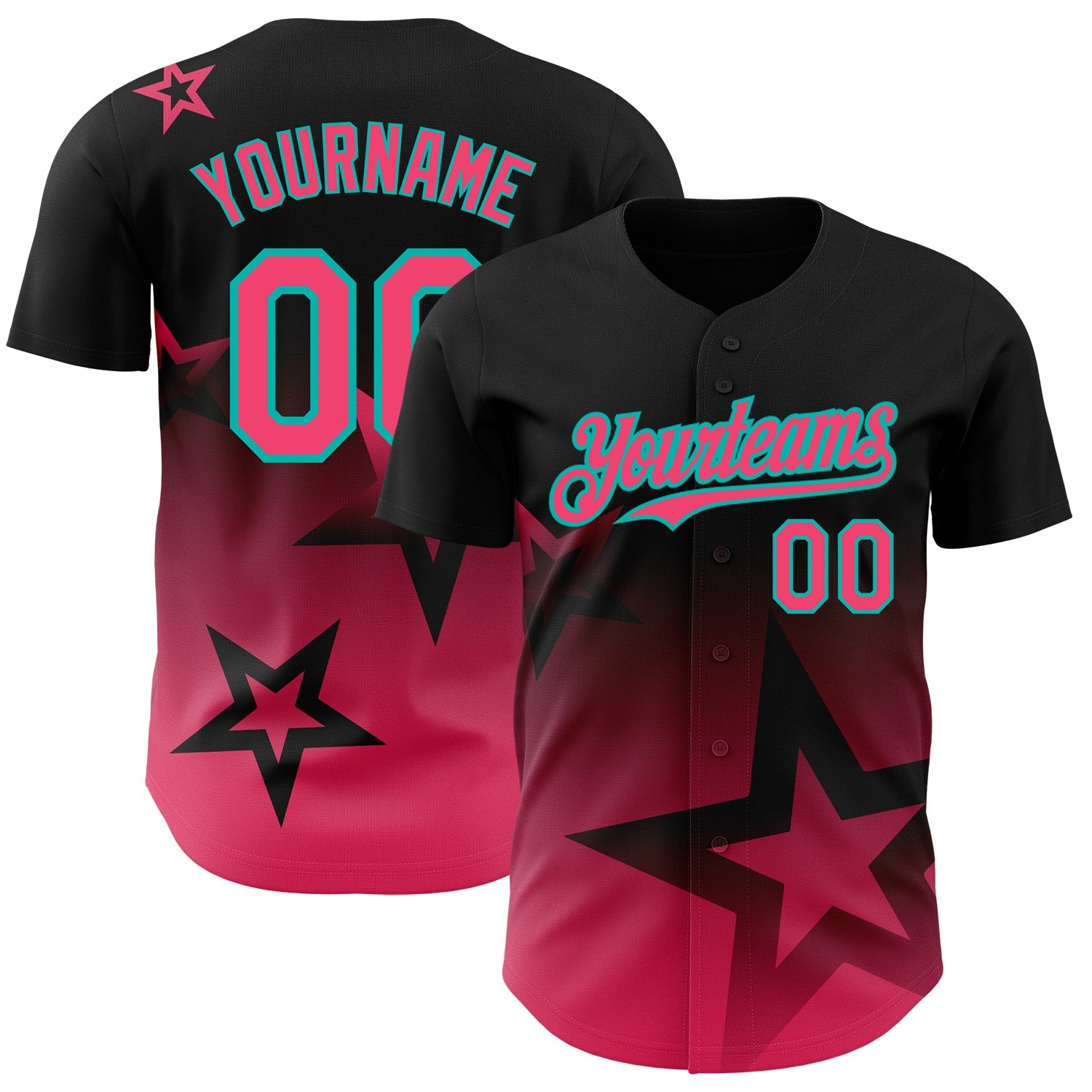 Custom Black Neon Pink-Aqua 3D Pattern Design Gradient Style Twinkle Star Authentic Baseball Jersey - Main View