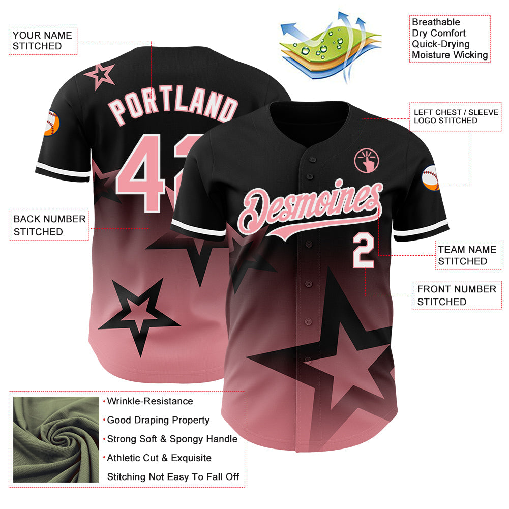 Custom Black Medium Pink-White 3D Pattern Design Gradient Style Twinkle Star Authentic Baseball Jersey view 4