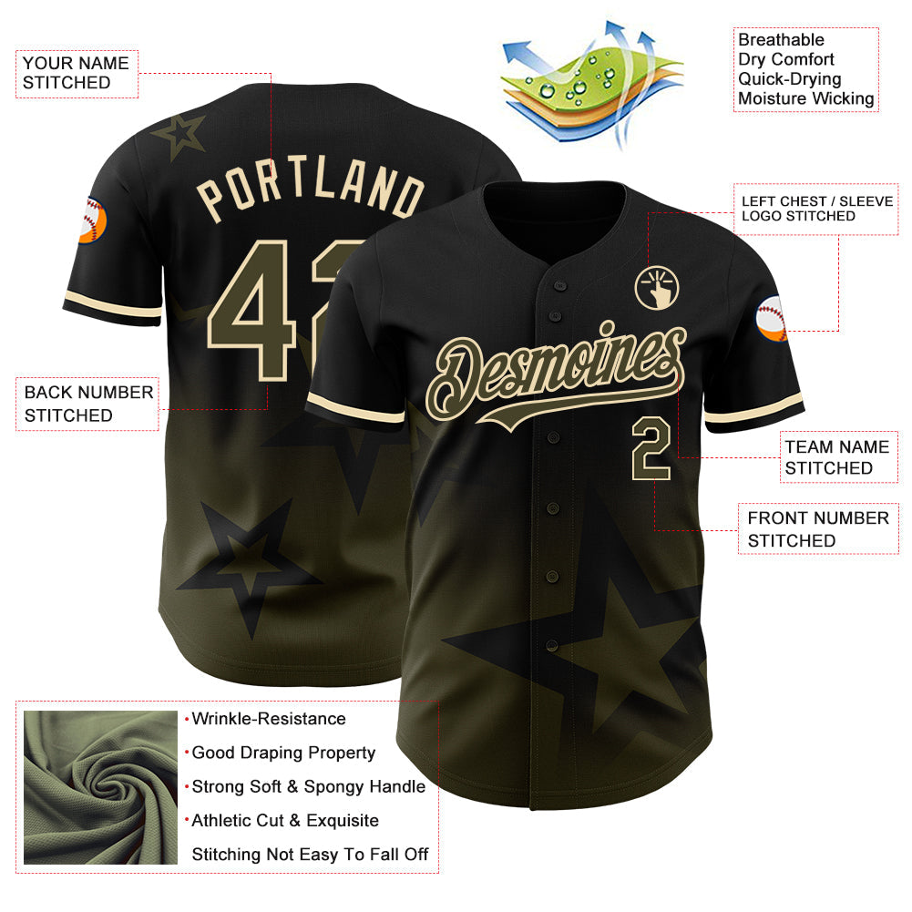 Custom Black Olive-Cream 3D Pattern Design Gradient Style Twinkle Star Authentic Baseball Jersey view 3