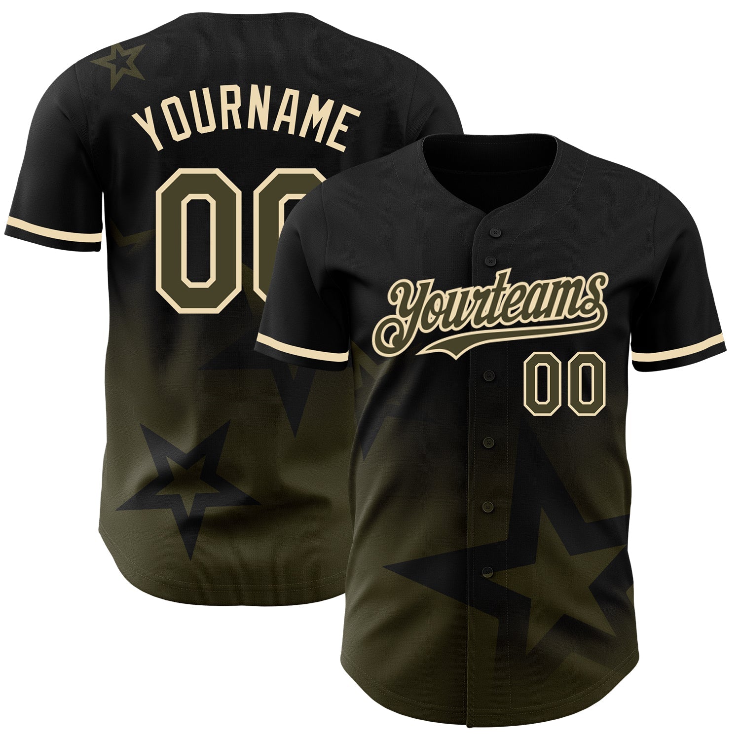 Custom Black Olive-Cream 3D Pattern Design Gradient Style Twinkle Star Authentic Baseball Jersey - Main View