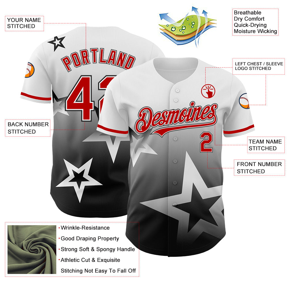 Custom White Red-Black 3D Pattern Design Gradient Style Twinkle Star Authentic Baseball Jersey view 3