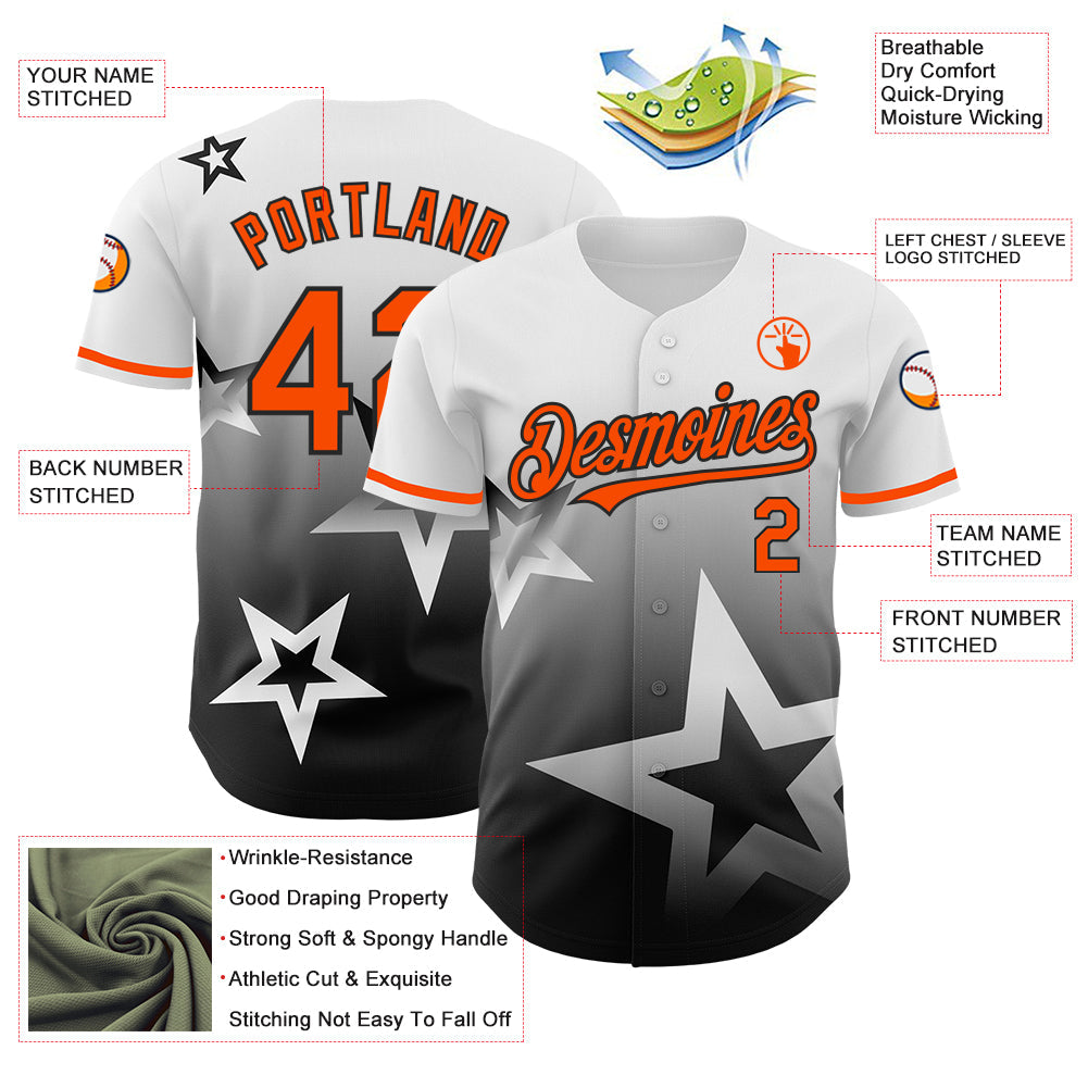 Custom White Orange-Black 3D Pattern Design Gradient Style Twinkle Star Authentic Baseball Jersey view 3