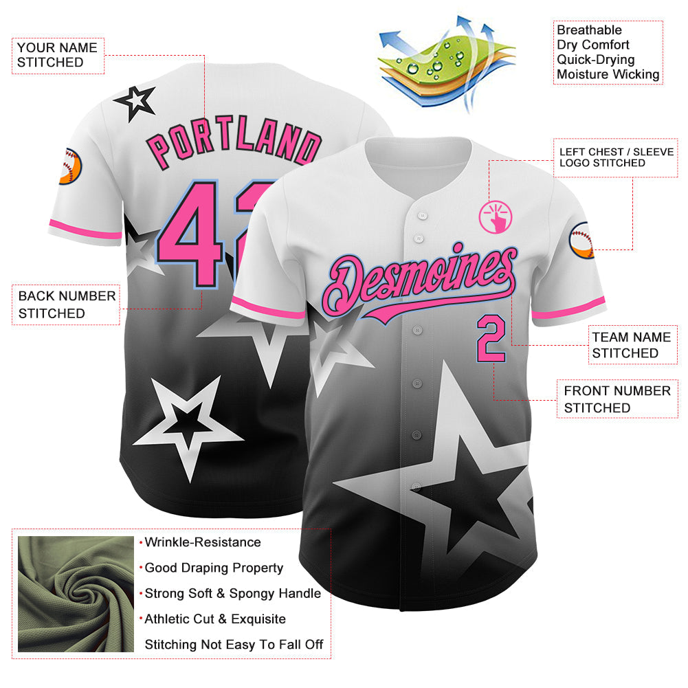 Custom White Pink Black-Light Blue 3D Pattern Design Gradient Style Twinkle Star Authentic Baseball Jersey view 3