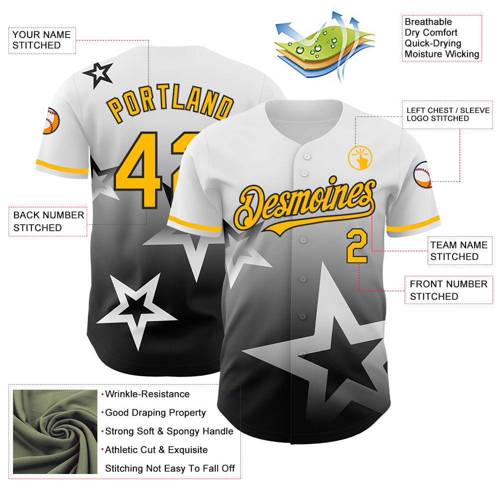 Custom White Gold-Black 3D Pattern Design Gradient Style Twinkle Star Authentic Baseball Jersey view 3