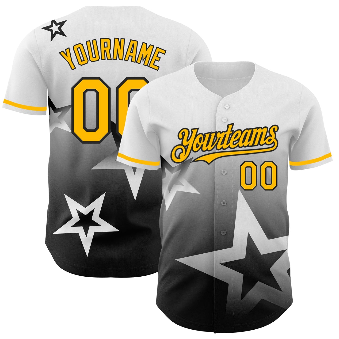 Custom White Gold-Black 3D Pattern Design Gradient Style Twinkle Star Authentic Baseball Jersey - Main View