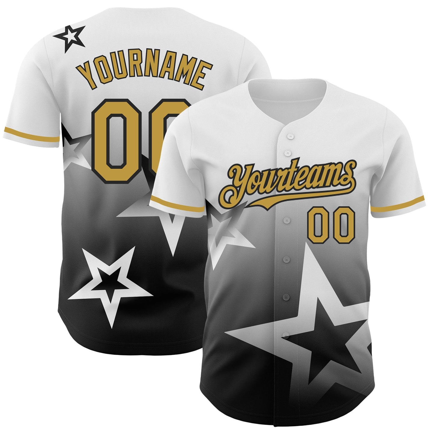 Custom White Old Gold-Black 3D Pattern Design Gradient Style Twinkle Star Authentic Baseball Jersey - Main View