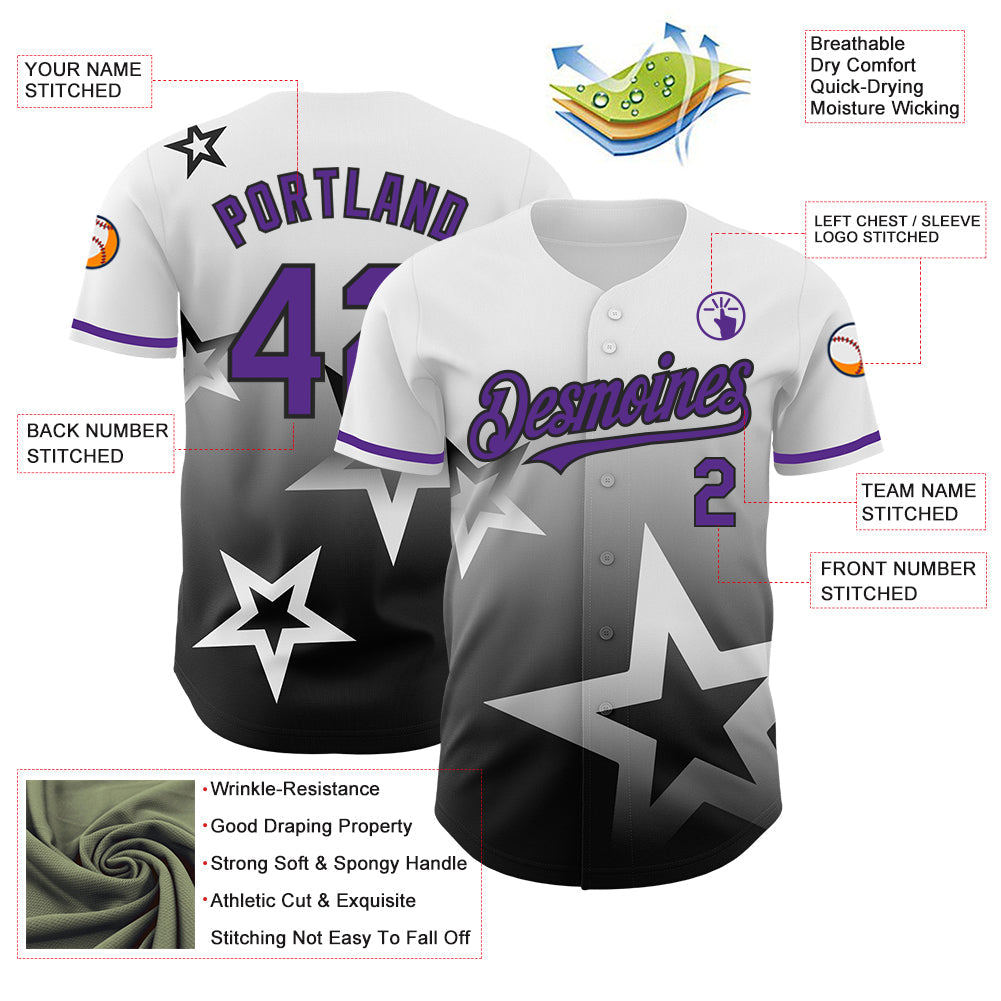 Custom White Purple-Black 3D Pattern Design Gradient Style Twinkle Star Authentic Baseball Jersey view 3