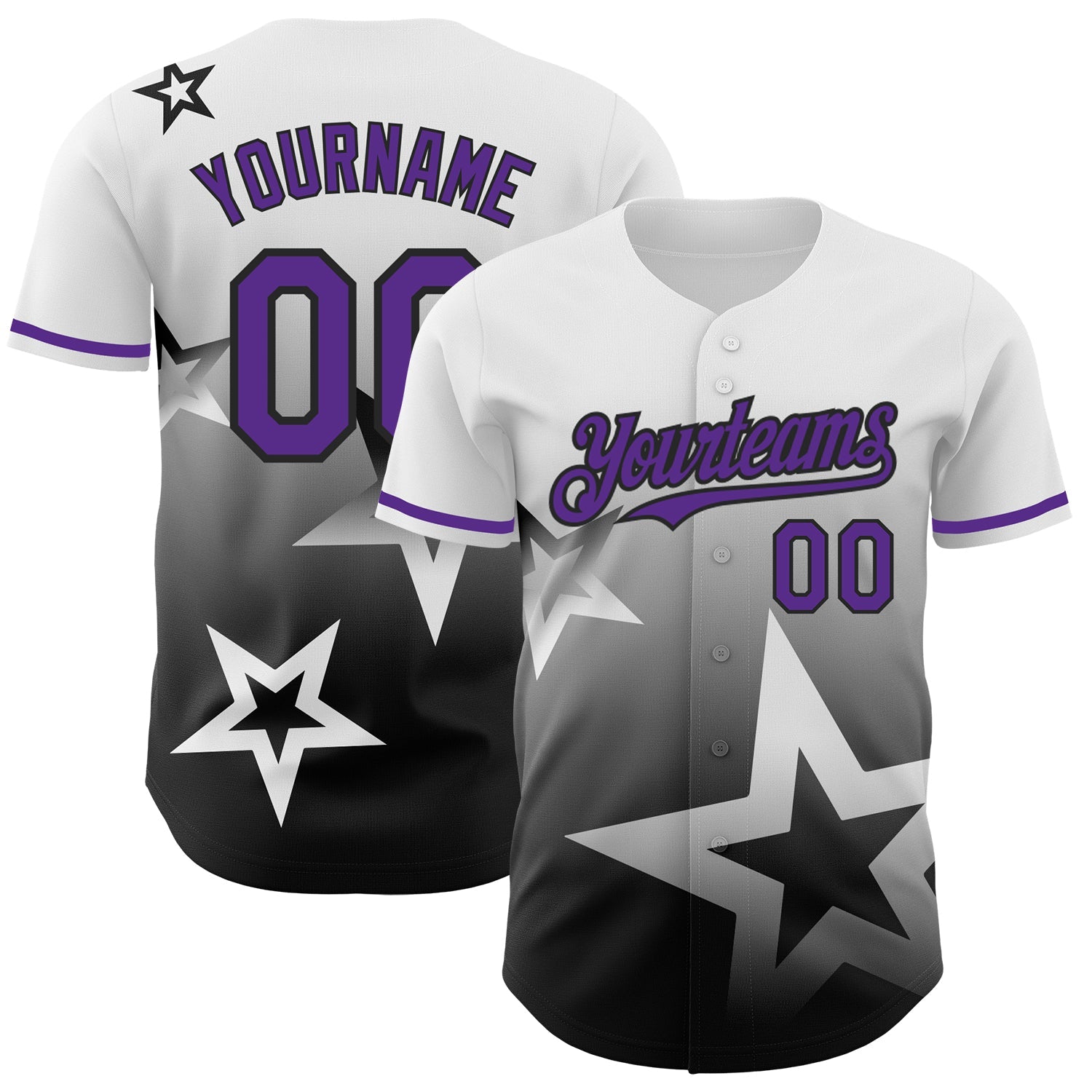 Custom White Purple-Black 3D Pattern Design Gradient Style Twinkle Star Authentic Baseball Jersey - Main View