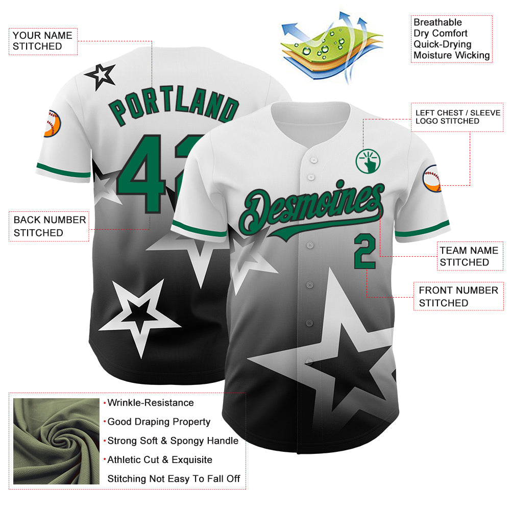 Custom White Kelly Green-Black 3D Pattern Design Gradient Style Twinkle Star Authentic Baseball Jersey view 3