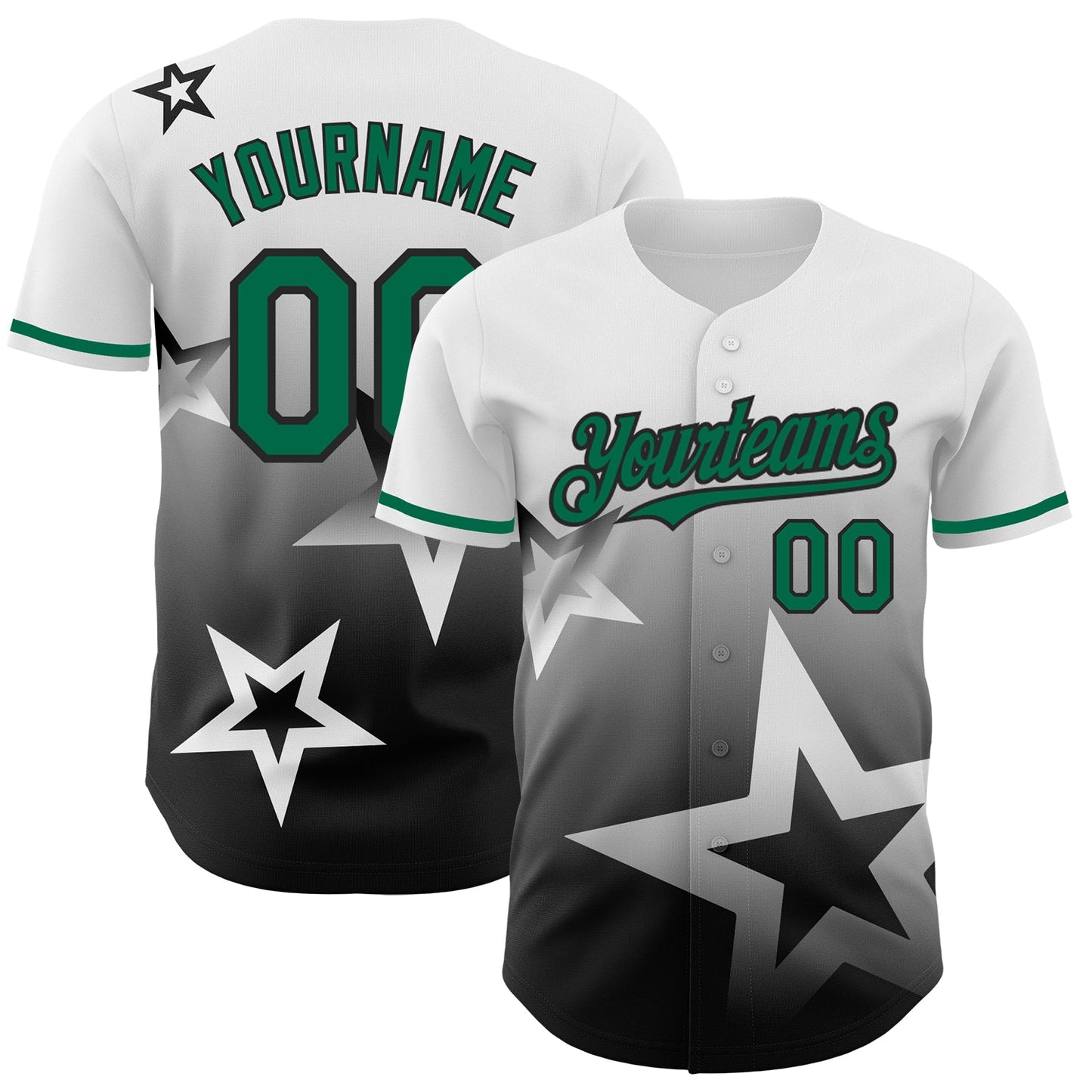 Custom White Kelly Green-Black 3D Pattern Design Gradient Style Twinkle Star Authentic Baseball Jersey - Main View