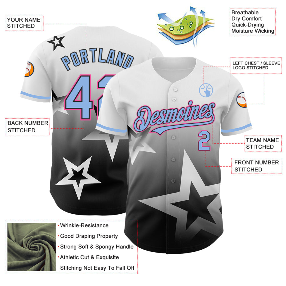 Custom White Light Blue Black-Pink 3D Pattern Design Gradient Style Twinkle Star Authentic Baseball Jersey view 3