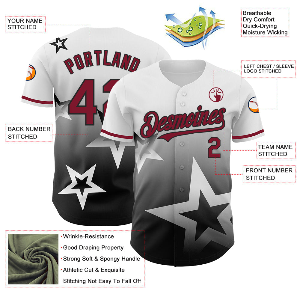 Custom White Crimson-Black 3D Pattern Design Gradient Style Twinkle Star Authentic Baseball Jersey view 3