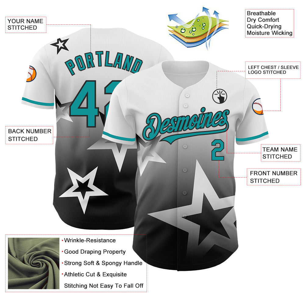 Custom White Teal-Black 3D Pattern Design Gradient Style Twinkle Star Authentic Baseball Jersey view 3