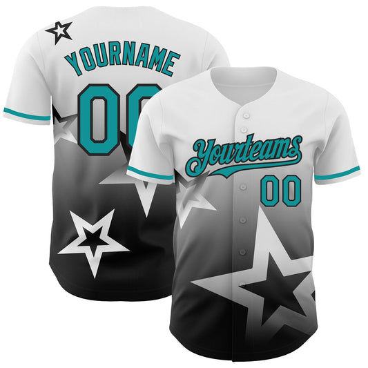 Custom White Teal-Black 3D Pattern Design Gradient Style Twinkle Star Authentic Baseball Jersey - Main View