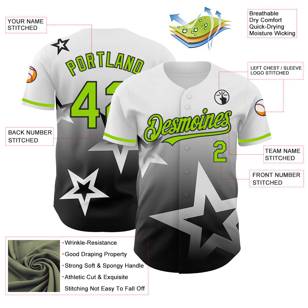 Custom White Neon Green-Black 3D Pattern Design Gradient Style Twinkle Star Authentic Baseball Jersey view 3