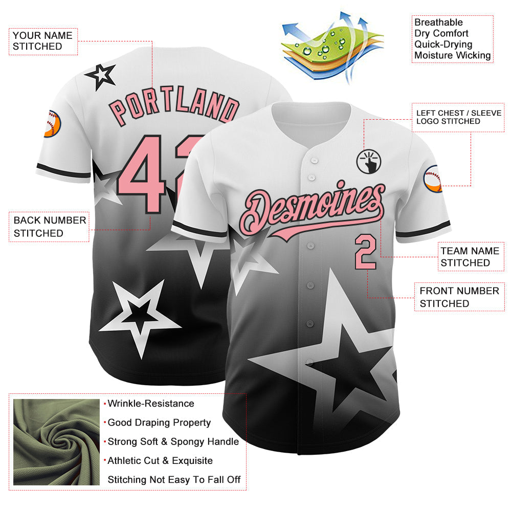 Custom White Medium Pink-Black 3D Pattern Design Gradient Style Twinkle Star Authentic Baseball Jersey view 3