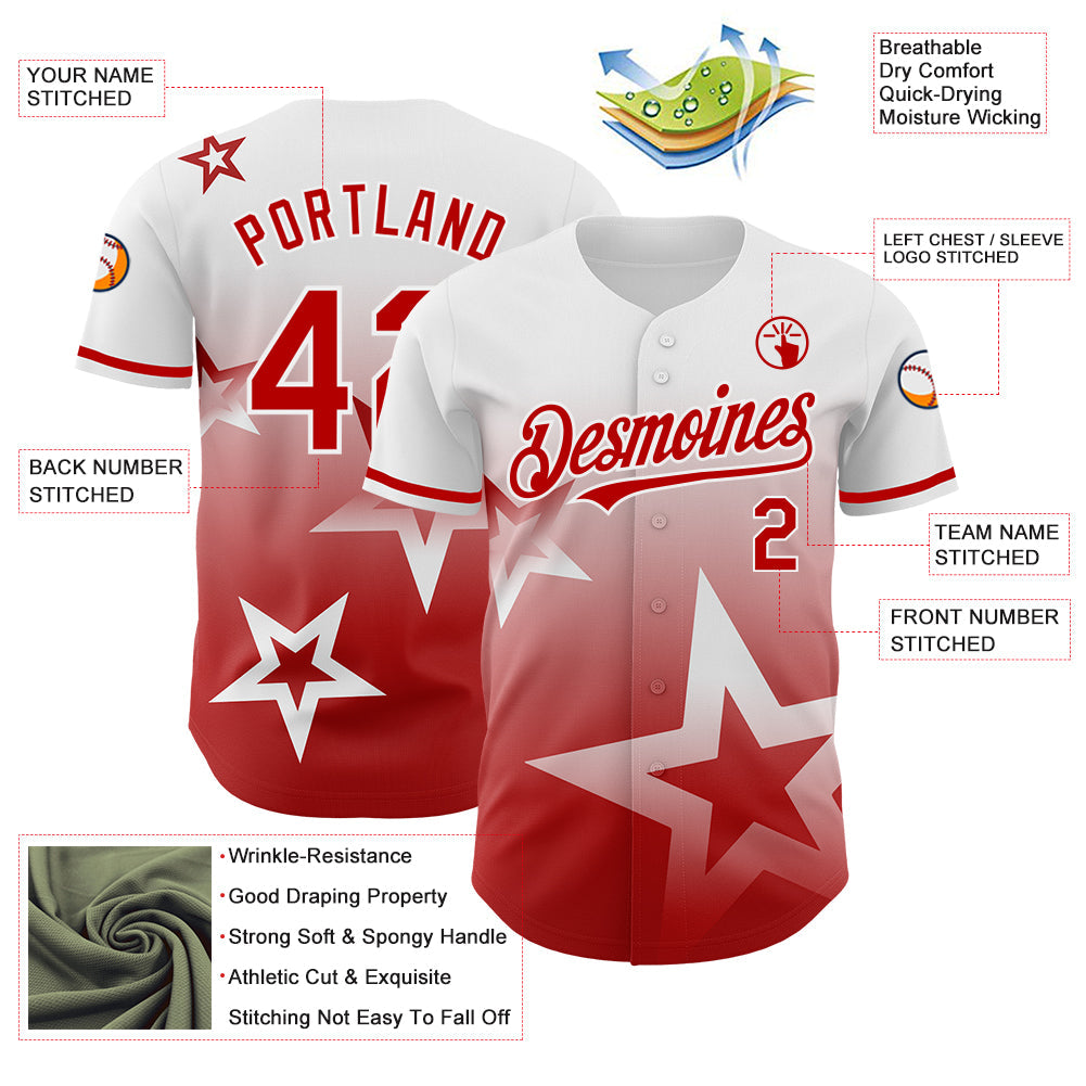 Custom White Red 3D Pattern Design Gradient Style Twinkle Star Authentic Baseball Jersey view 3