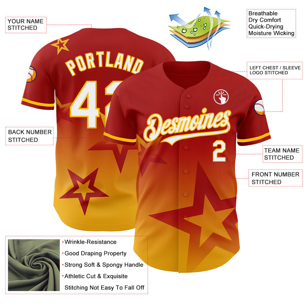 Custom Red White-Gold 3D Pattern Design Gradient Style Twinkle Star Authentic Baseball Jersey view 3