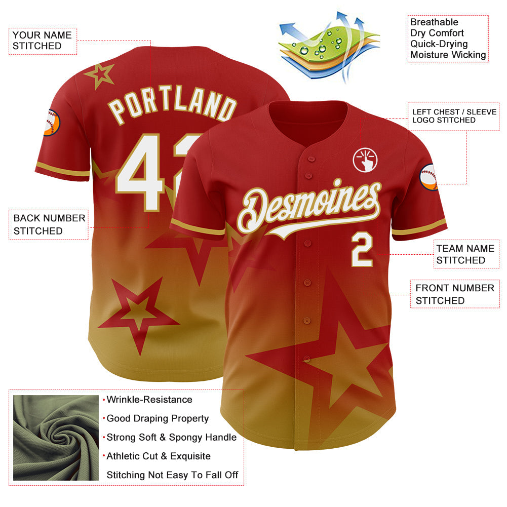 Custom Red White-Old Gold 3D Pattern Design Gradient Style Twinkle Star Authentic Baseball Jersey view 3