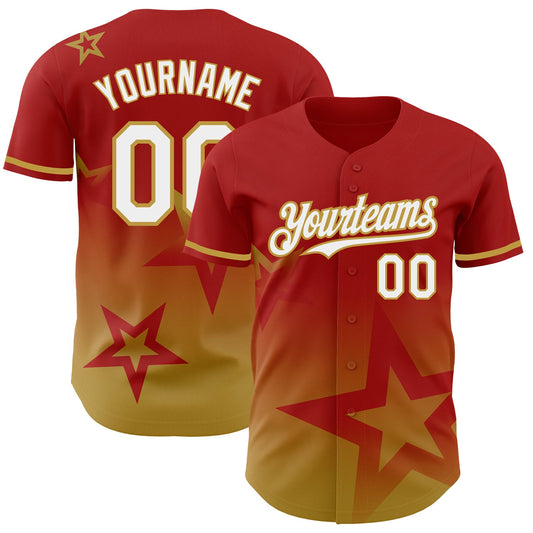 Custom Red White-Old Gold 3D Pattern Design Gradient Style Twinkle Star Authentic Baseball Jersey - Main View