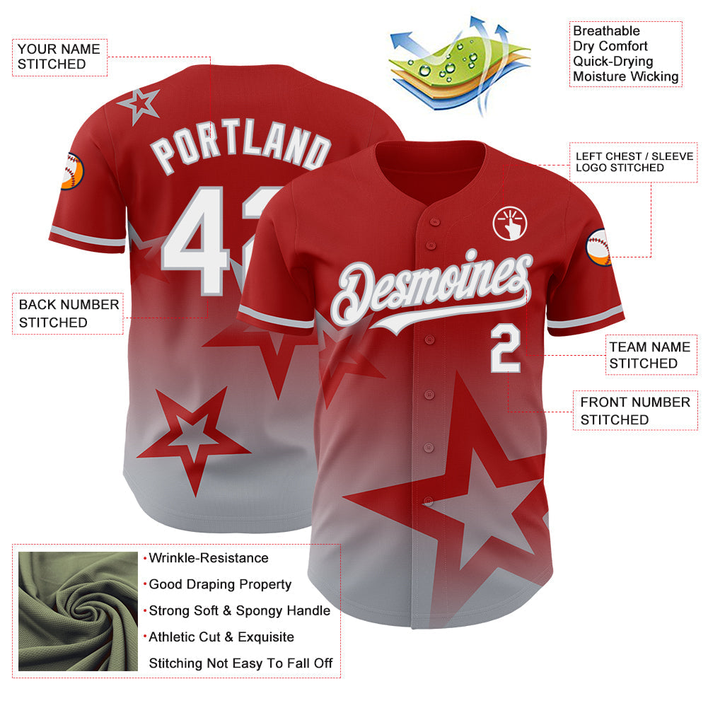 Custom Red White-Gray 3D Pattern Design Gradient Style Twinkle Star Authentic Baseball Jersey view 3