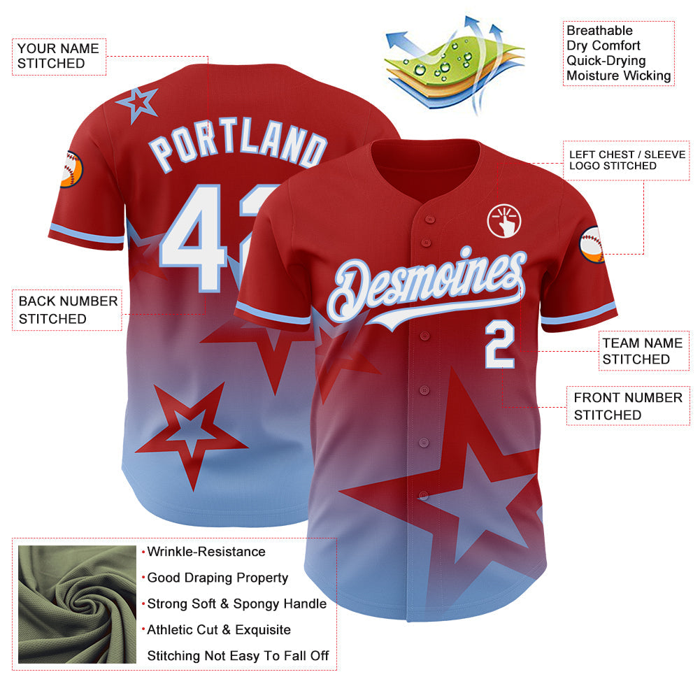Custom Red White-Light Blue 3D Pattern Design Gradient Style Twinkle Star Authentic Baseball Jersey view 3