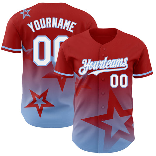Custom Red White-Light Blue 3D Pattern Design Gradient Style Twinkle Star Authentic Baseball Jersey - Main View