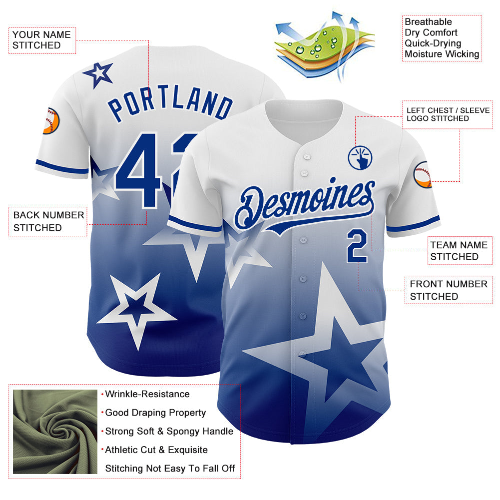 Custom White Royal 3D Pattern Design Gradient Style Twinkle Star Authentic Baseball Jersey view 3