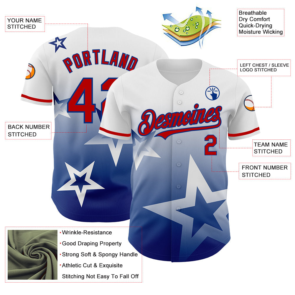 Custom White Red-Royal 3D Pattern Design Gradient Style Twinkle Star Authentic Baseball Jersey view 3