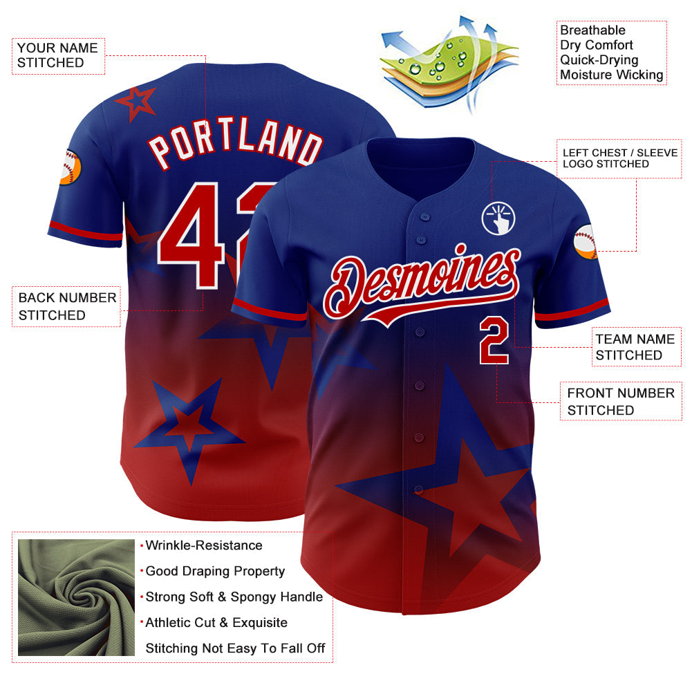 Custom Royal Red-White 3D Pattern Design Gradient Style Twinkle Star Authentic Baseball Jersey view 3