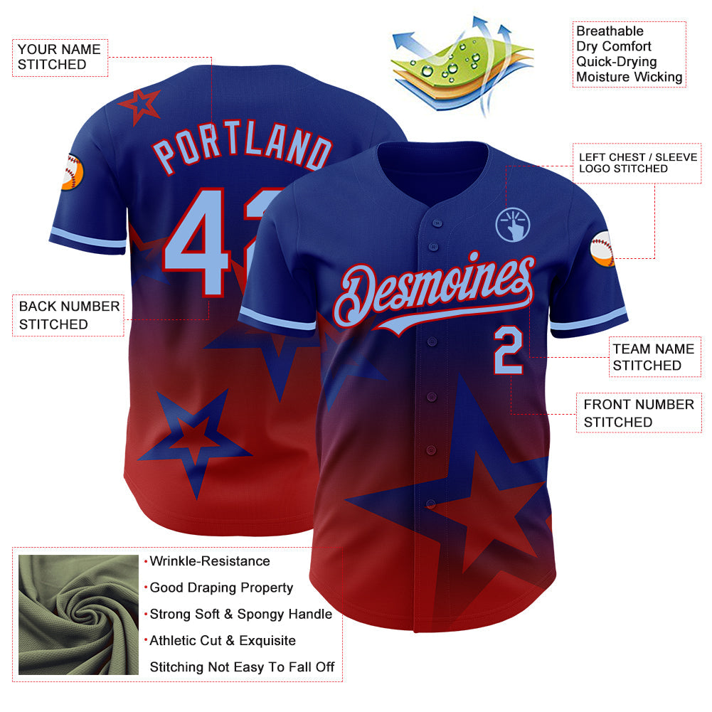 Custom Royal Light Blue-Red 3D Pattern Design Gradient Style Twinkle Star Authentic Baseball Jersey view 3