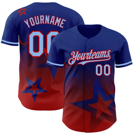 Custom Royal Light Blue-Red 3D Pattern Design Gradient Style Twinkle Star Authentic Baseball Jersey - Main View