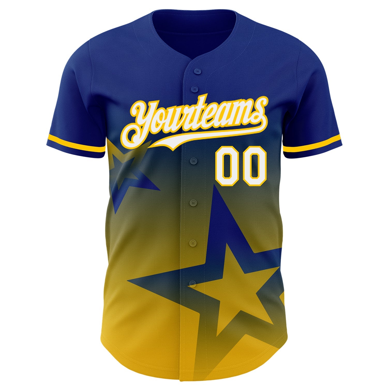 Custom Royal White-Yellow 3D Pattern Design Gradient Style Twinkle Star Authentic Baseball Jersey view 2