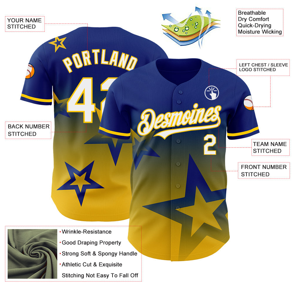 Custom Royal White-Yellow 3D Pattern Design Gradient Style Twinkle Star Authentic Baseball Jersey view 3