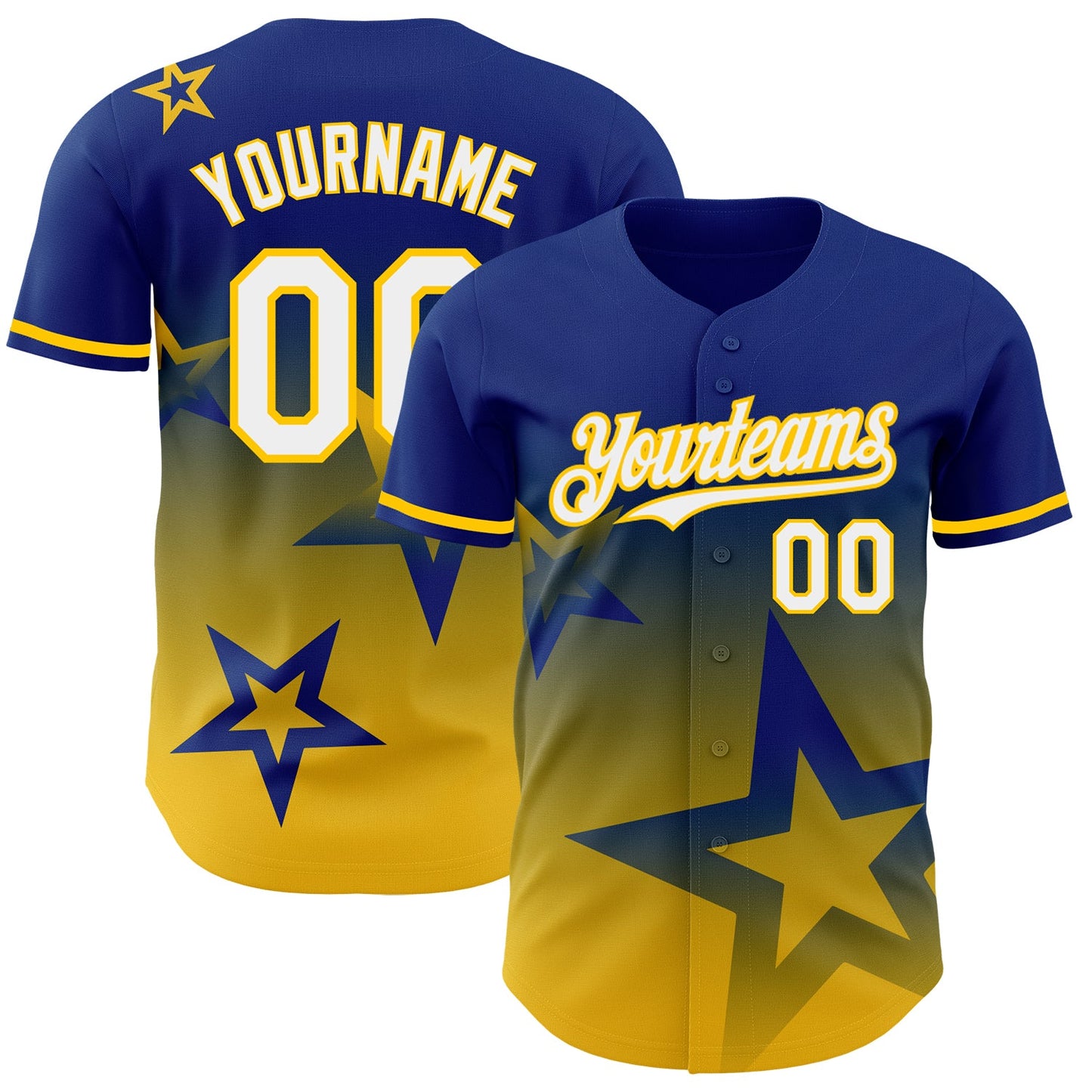 Custom Royal White-Yellow 3D Pattern Design Gradient Style Twinkle Star Authentic Baseball Jersey - Main View