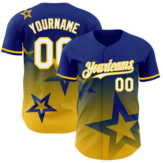 Custom Royal White-Yellow 3D Pattern Design Gradient Style Twinkle Star Authentic Baseball Jersey - Main View
