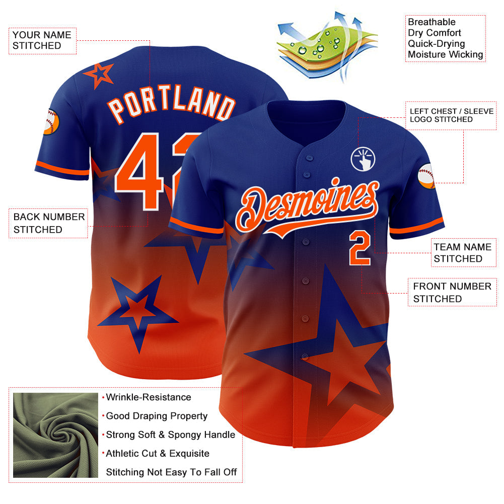 Custom Royal Orange-White 3D Pattern Design Gradient Style Twinkle Star Authentic Baseball Jersey view 3