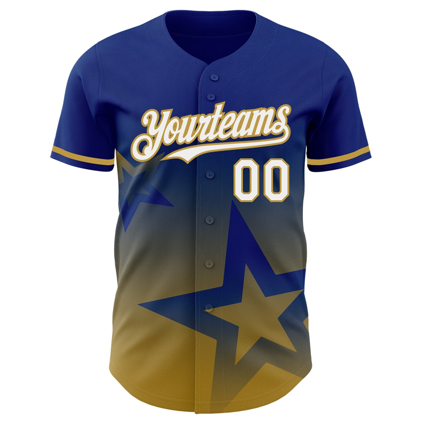 Custom Royal White-Old Gold 3D Pattern Design Gradient Style Twinkle Star Authentic Baseball Jersey view 2