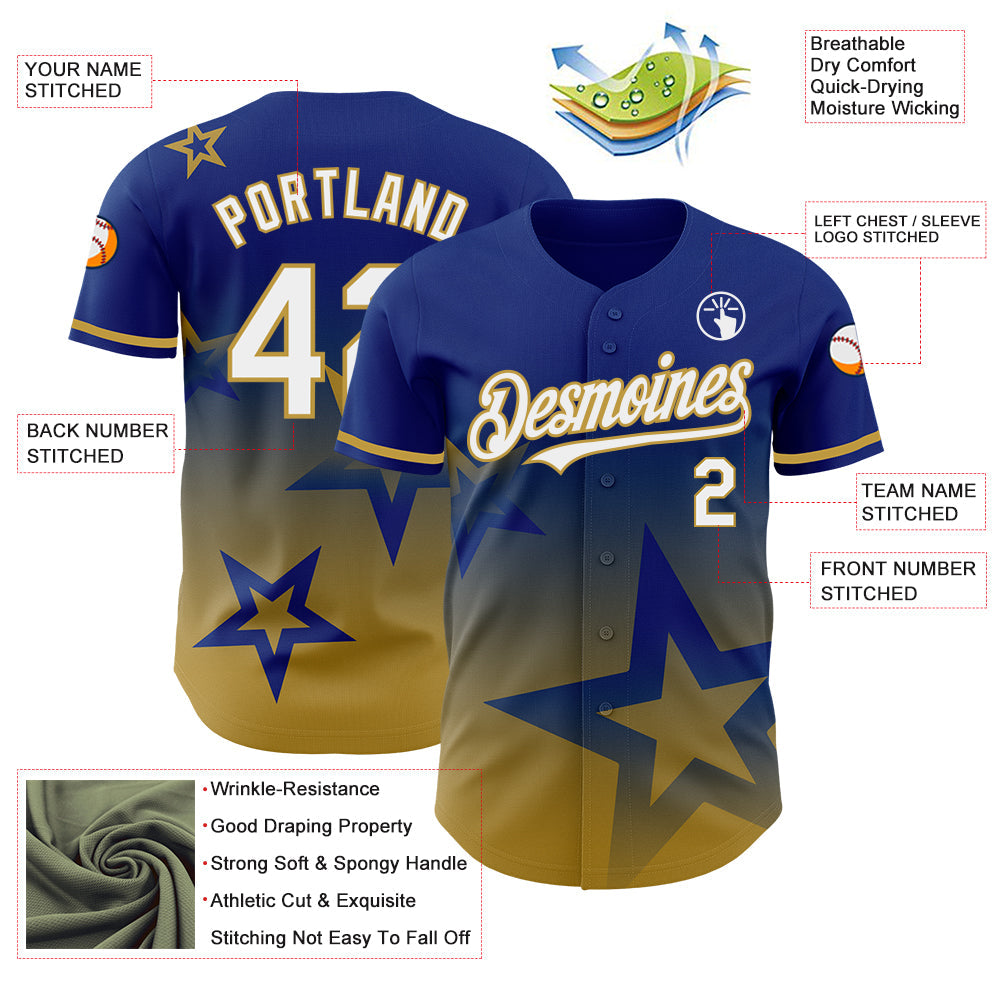 Custom Royal White-Old Gold 3D Pattern Design Gradient Style Twinkle Star Authentic Baseball Jersey view 3