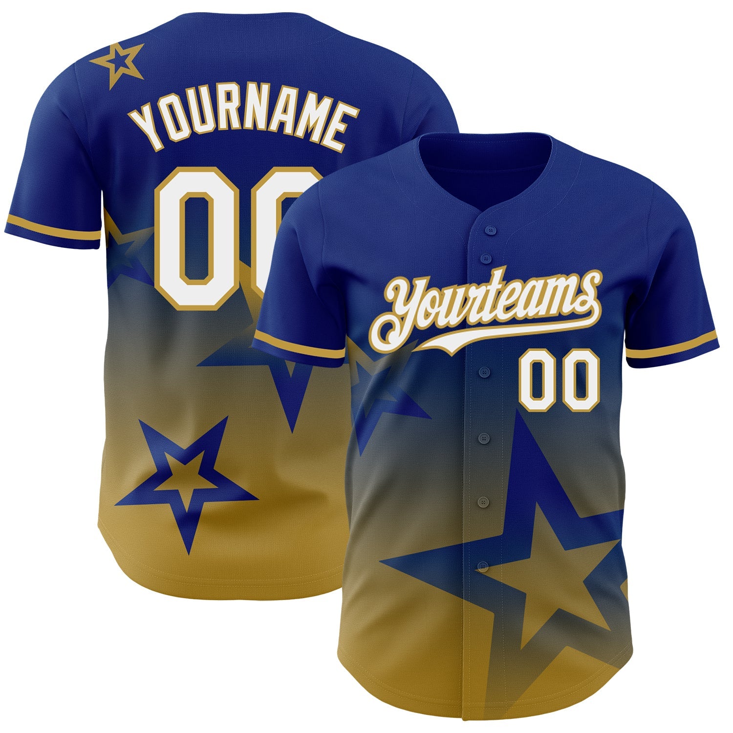 Custom Royal White-Old Gold 3D Pattern Design Gradient Style Twinkle Star Authentic Baseball Jersey - Main View