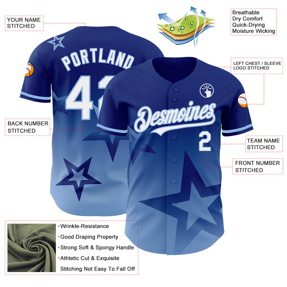 Custom Royal White-Light Blue 3D Pattern Design Gradient Style Twinkle Star Authentic Baseball Jersey view 3