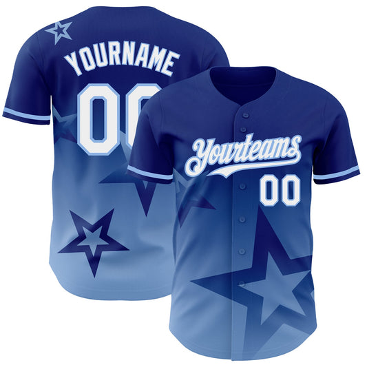 Custom Royal White-Light Blue 3D Pattern Design Gradient Style Twinkle Star Authentic Baseball Jersey - Main View