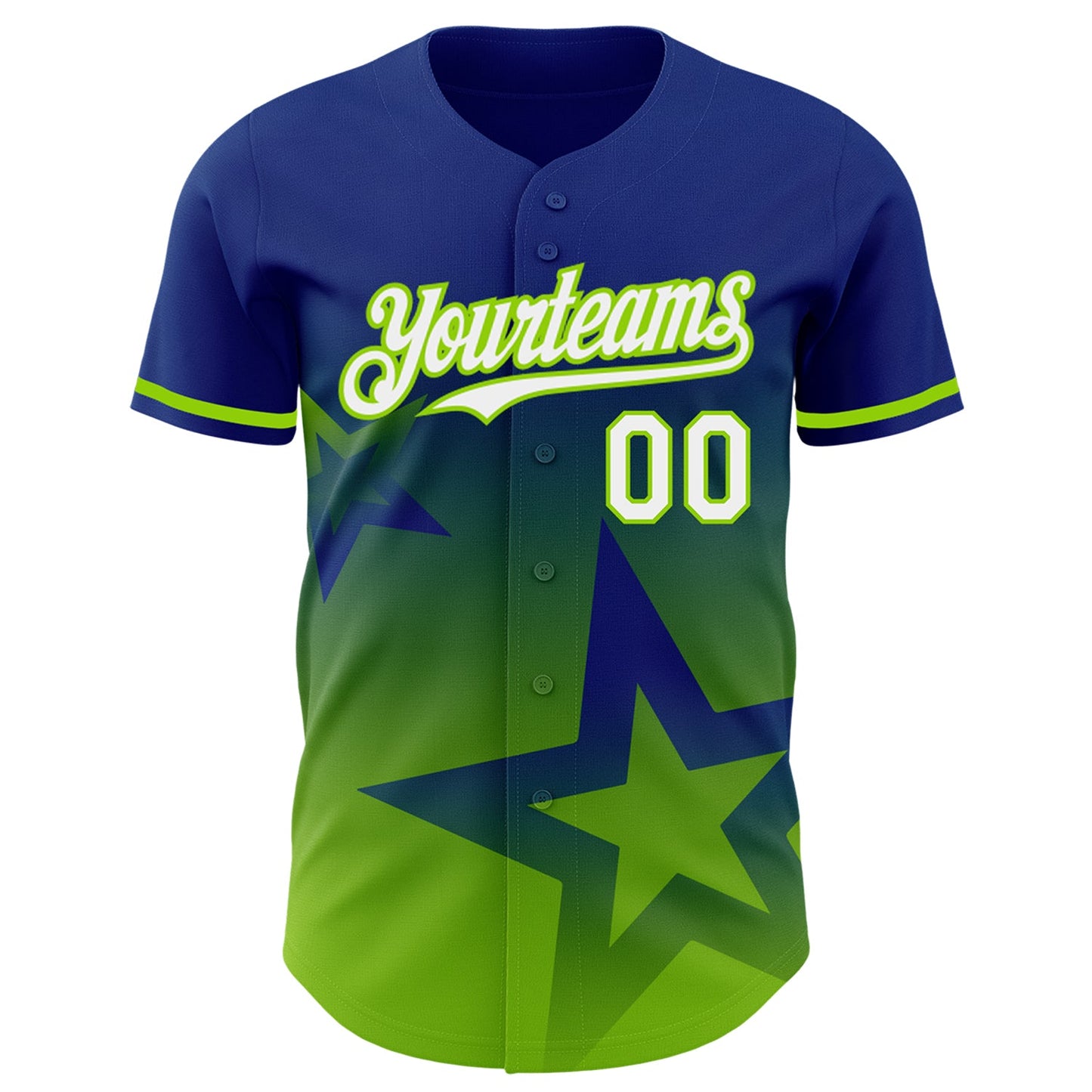 Custom Royal White-Neon Green 3D Pattern Design Gradient Style Twinkle Star Authentic Baseball Jersey view 2