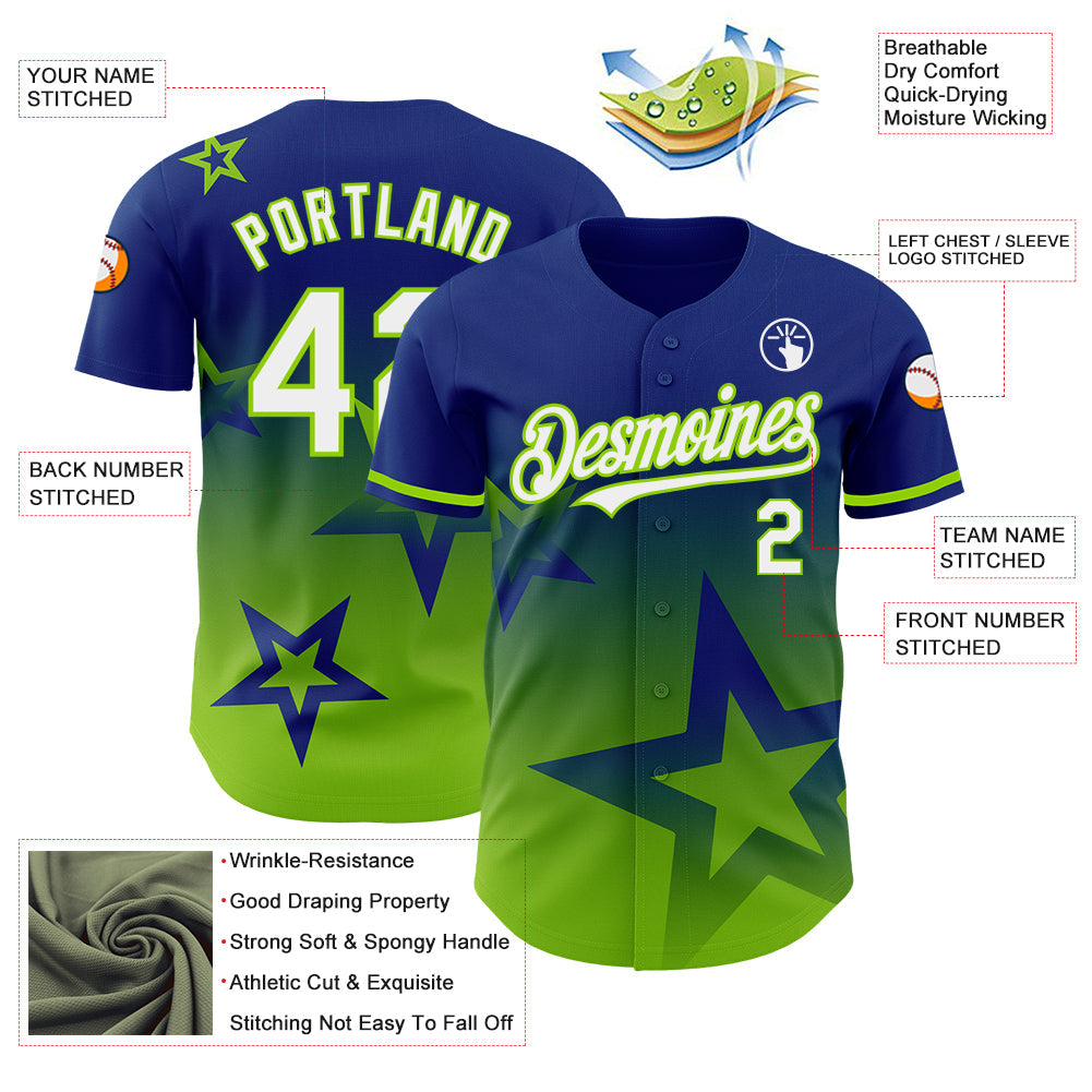 Custom Royal White-Neon Green 3D Pattern Design Gradient Style Twinkle Star Authentic Baseball Jersey view 3