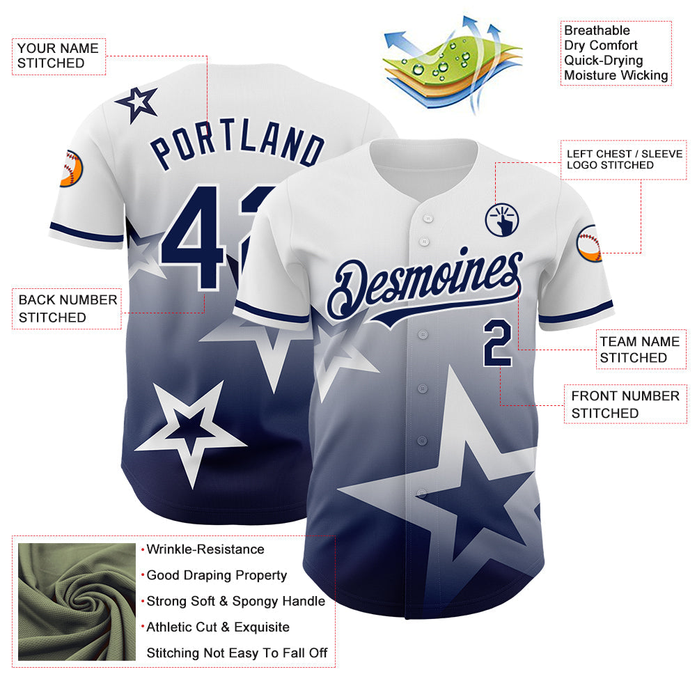 Custom White Navy 3D Pattern Design Gradient Style Twinkle Star Authentic Baseball Jersey view 3