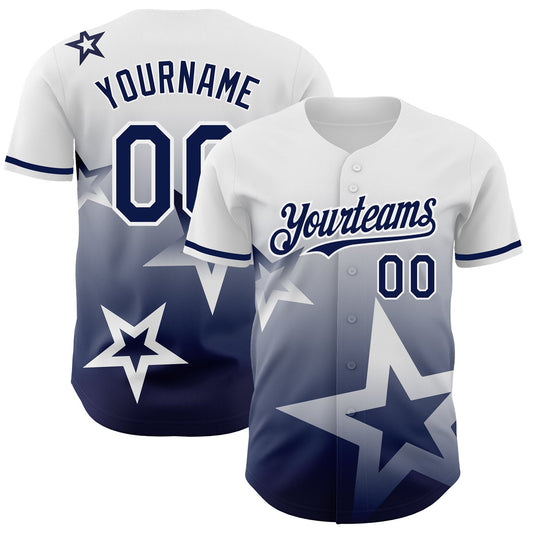 Custom White Navy 3D Pattern Design Gradient Style Twinkle Star Authentic Baseball Jersey - Main View